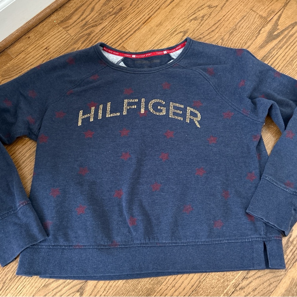 Tommy Hilfiger sport navy blue sweatshirt gold metallic graphic red stars xl